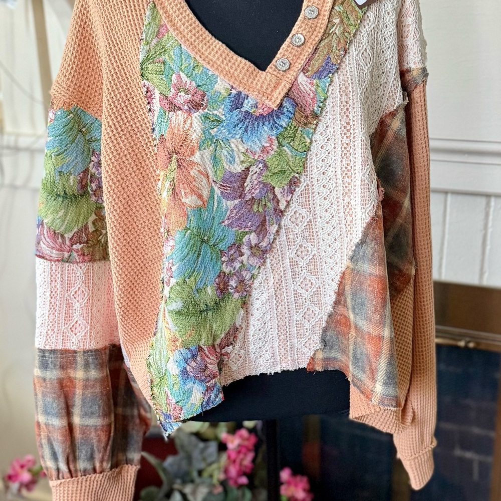POL Floral and Plaid Patchwork Sweater